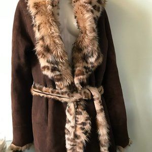 NWT ORIGINAL LEATHER BROWN LEOPARD SHEARLING COAT HOODIE SIZE M